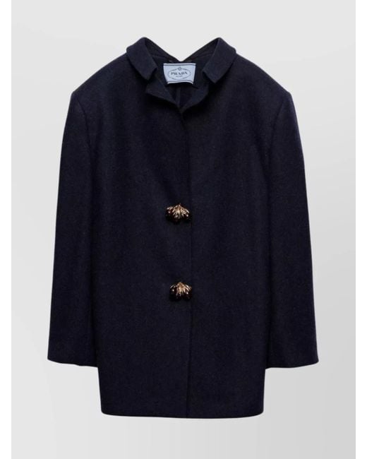 Prada Blue Shetland Wool Jacket Featuring Decorative Buttons