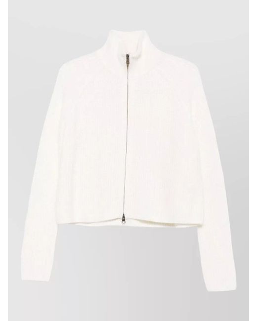 Lisa Yang White Cashmere Ribbed High Neck Zip-Up Cardigan