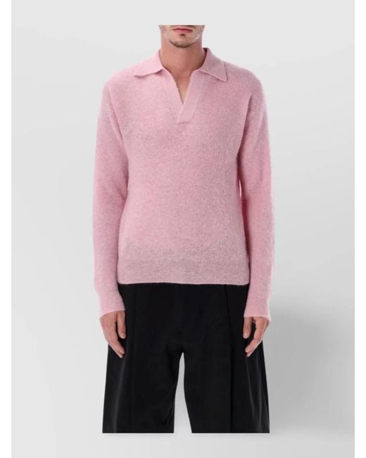Auralee Pink Long Sleeve Polo Sweater With Ribbed Cuffs for men