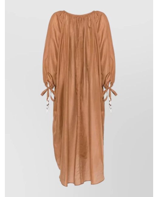 120% Lino Brown Long Dress Linen Cotton V Neckline