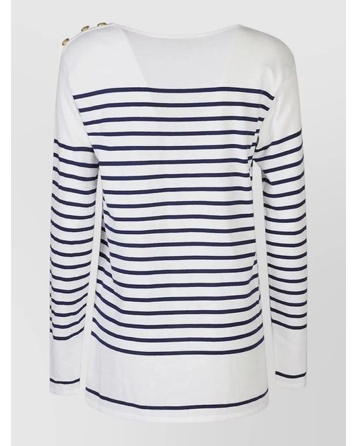Seafarer White Cotton Crewneck Sweater Striped Button Detail