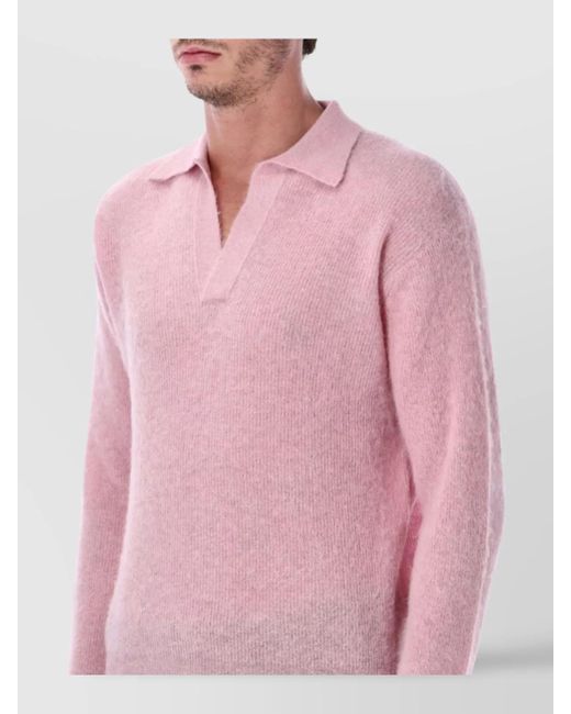 Auralee Pink Long Sleeve Polo Sweater With Ribbed Cuffs for men
