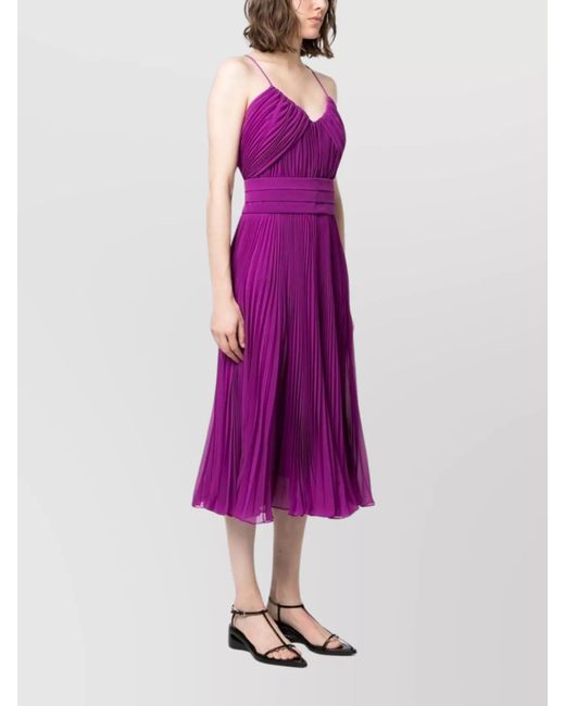 Max Mara Purple Pleated Belted V-Neck Midi Dress