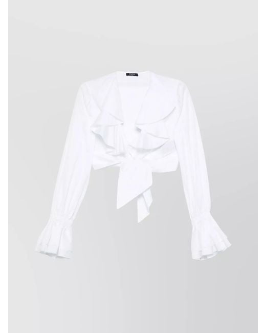 Balmain White Cotton V-Neck Long-Sleeve Blouse
