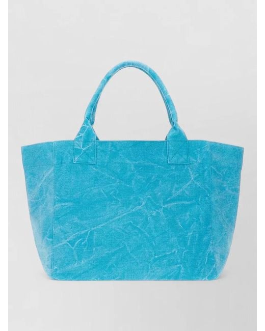 Ganni Blue Canvas Tote Bag Graphic Print Handles