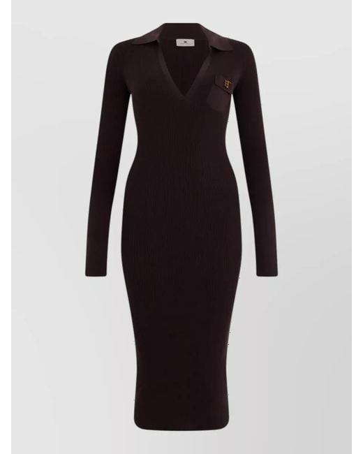 Elisabetta Franchi Blue Silk-Blend Long-Sleeve V-Neck Maxi Knit Dress