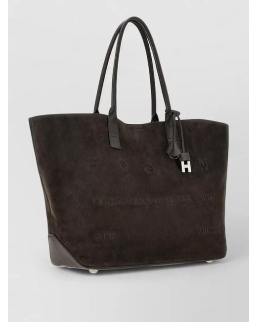 Hogan Black Tote Bag Contrast Trim Suede Texture