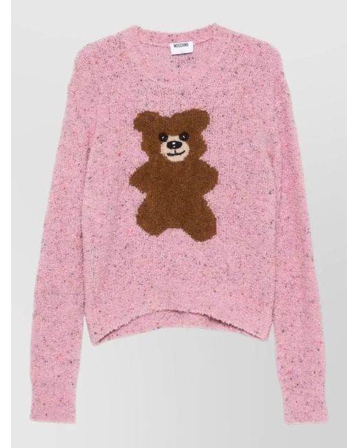 Moschino Pink Cropped Crew Neck Knit Sweater Bear Motif