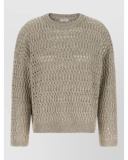 Brunello Cucinelli Gray Braided Linen Blend Sequin Knit Sweater