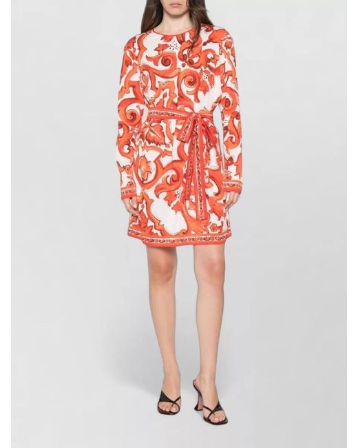 Dolce & Gabbana Red Maiolica Silk Dress Belted Waist