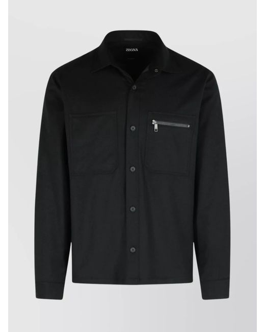 Zegna Black Wool Jacket With Pockets And Zip for men