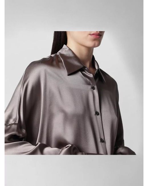 Dries Van Noten Gray Satin Collared Top Dropped Shoulders Long Sleeves