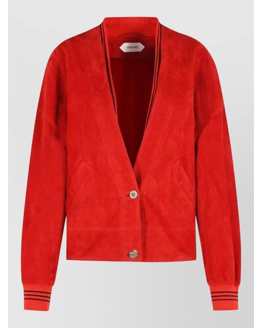 Versace Red Suede Bomber Jacket Ribbed Collar Cuffs