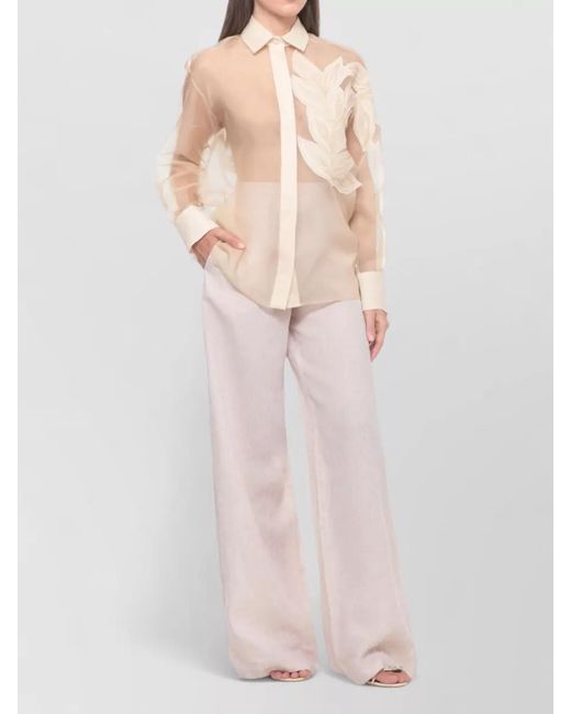Antonelli Natural Silk Shirt Sheer Beaded Front Embroidery