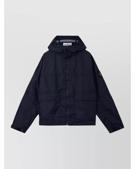 Stone Island Blue Hooded Technical Jacket Adjustable Cuffs Pockets for men