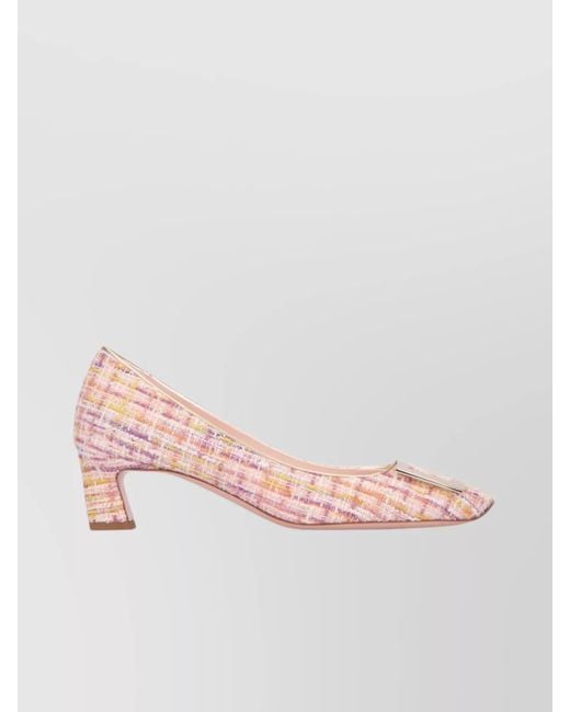Roger Vivier Pink Pointed Toe Kitten Heel Pumps With Tweed Fabric And Bow Detail