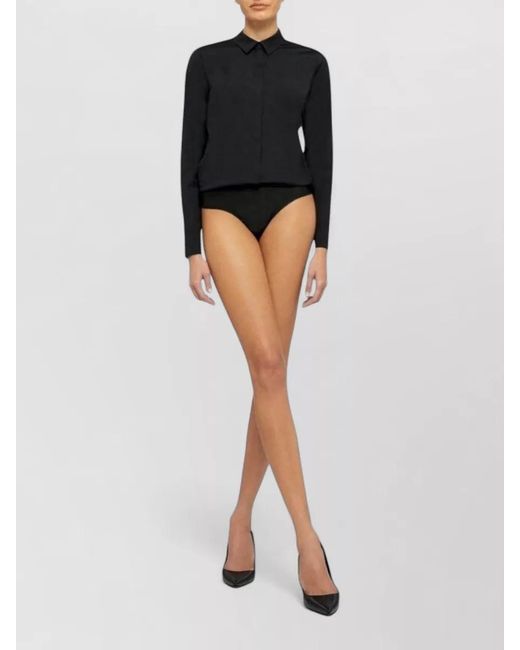 Wolford Black Collared Long Sleeve Stretch Blouse Bodysuit