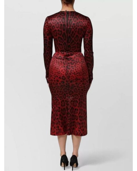 Dolce & Gabbana Red Leopard Print Long Sleeve Midi Dress