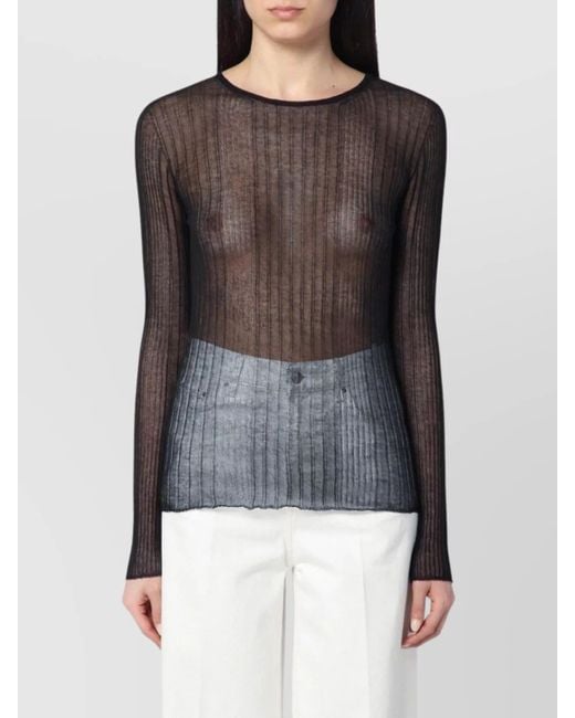 Roberto Collina Black Sheer Fabric Round Neck Ribbed Texture
