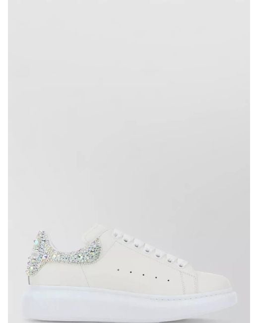 McQueen White Leather Sneakers Suede Heel Rhinestone Detail Sole