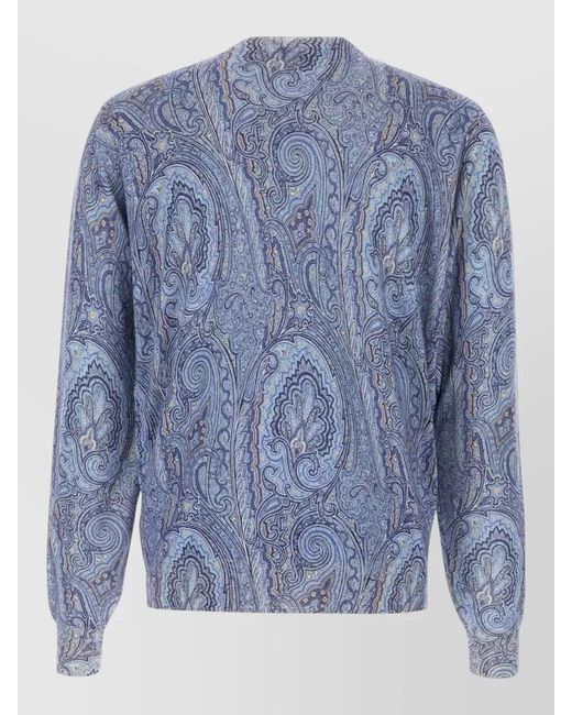 Etro Blue Silk Cashmere Printed Sweater for men
