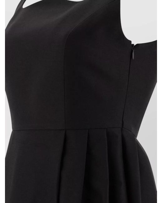 Sandbeige Black Midi Dress Pleated Skirt Square Neckline