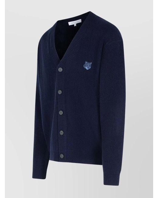 Maison Kitsuné Blue Cashmere Blend Ribbed V-Neck Cardigan for men