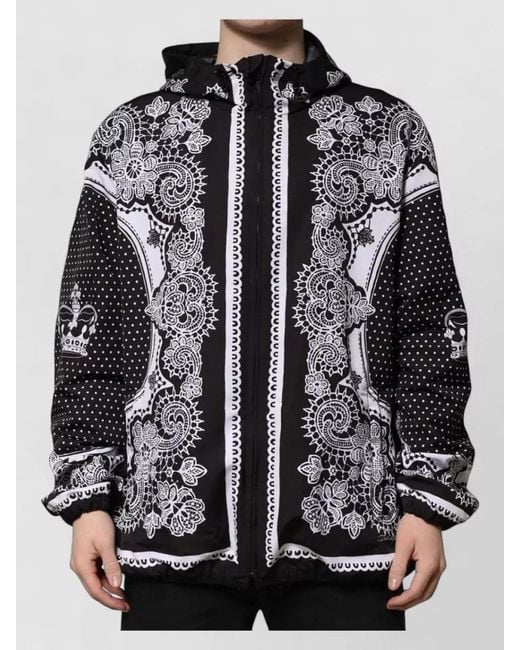 Dolce & Gabbana Black Bandana Print Hooded Lace Bomber Jacket for men