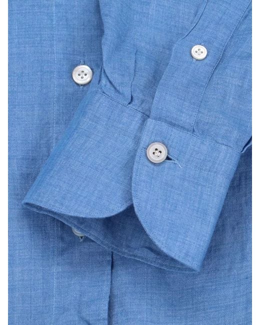 Finamore 1925 Blue Casual Shirt Cuffs Down Collar Curved Hem for men