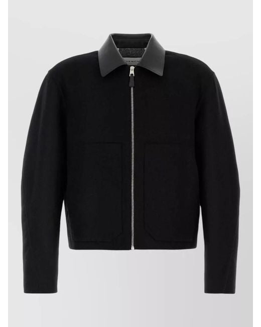 Givenchy Black Wool Jacket Long Sleeves Leather Collar Pockets for men
