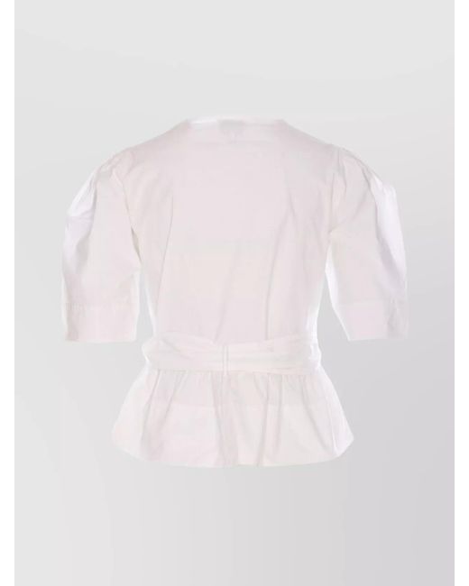 Ganni White Organic Cotton V-Neck Short-Sleeve Tie-Front Blouse