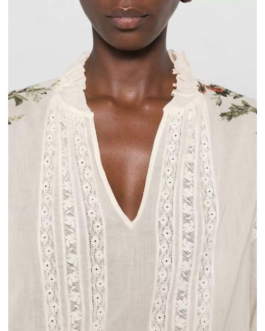 Alice + Olivia Natural Cassie Cropped Blouse Bohemian Floral Lace