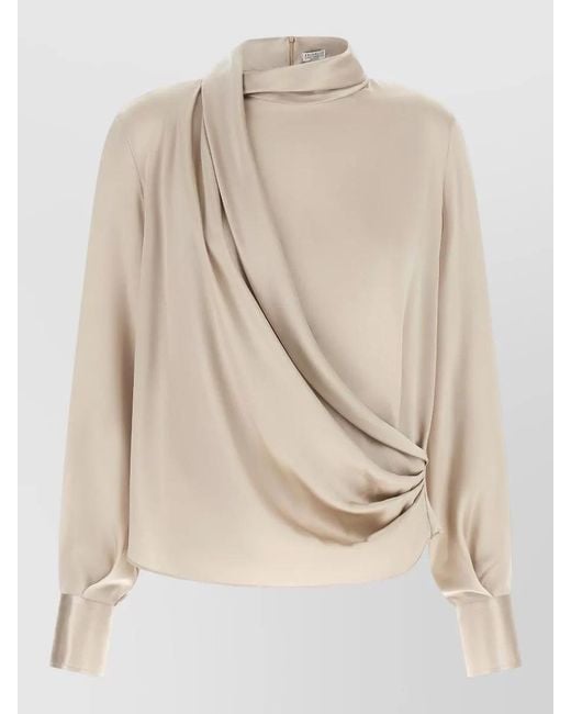 Brunello Cucinelli Natural Draped Silk Blouse High Neck Design