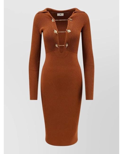 Elisabetta Franchi Brown Knit Dress Collared V Neckline Midi
