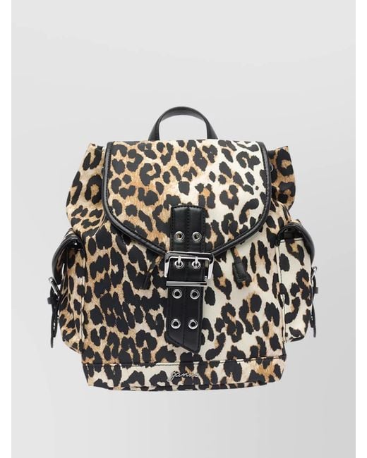 Ganni Gray Magnetic Buckle Backpack Leopard Print
