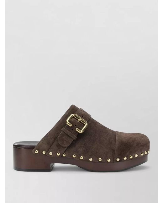 Chloé Brown Jeannette Suede Mules Buckle Studs Wooden Sole