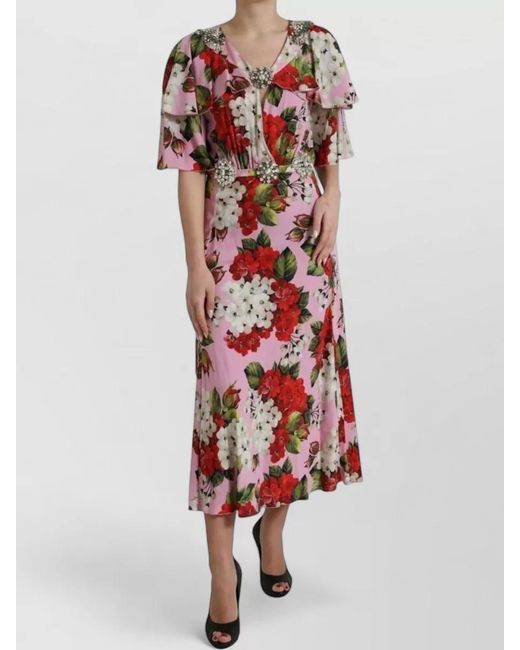 Dolce & Gabbana Red Silk Floral-Print Crystal-Embellished Short-Sleeve V-Neck Midi Dress