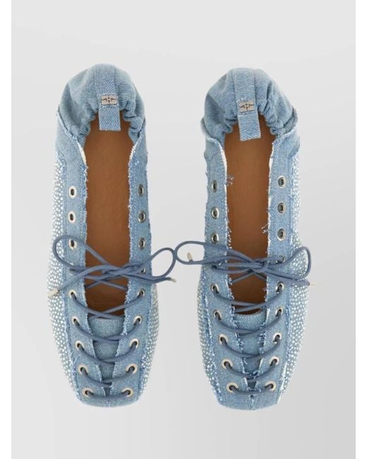 Ganni Blue Denim Lace-Up Ballerina Shoes