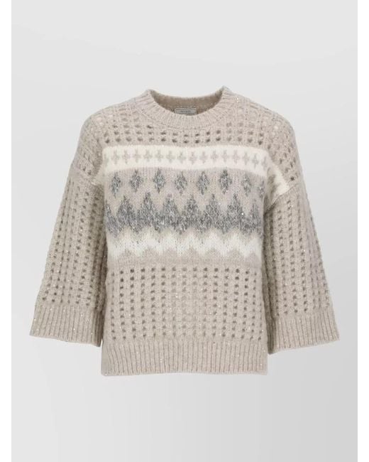 Peserico White Crew Neck Long Sleeve Patterned Top