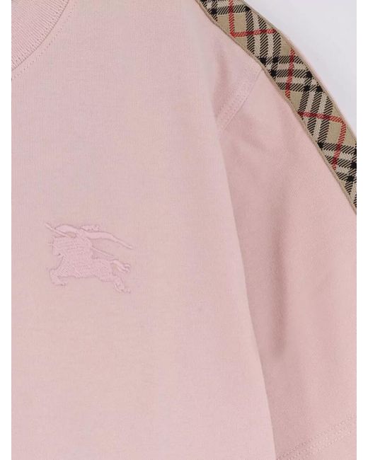 Burberry Pink Organic Cotton T Shirt Ribbed Crewneck Check