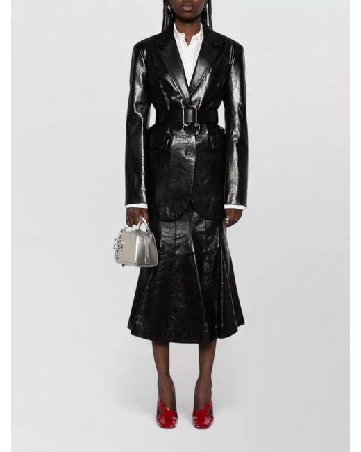 Sportmax Black Leather Jacket Detachable Belt Notched Lapels