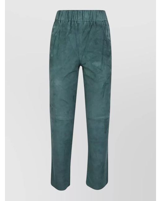 Via Masini 80 Green Suede Trousers Elastic Waist Multiple Pockets