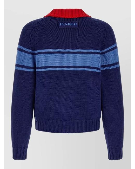Marni Blue Knit Cardigan Ribbed Trims Striped Design for men