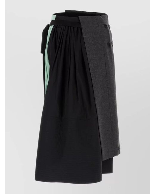 Prada Black Wrap Skirt Layered Pleated Button Detail