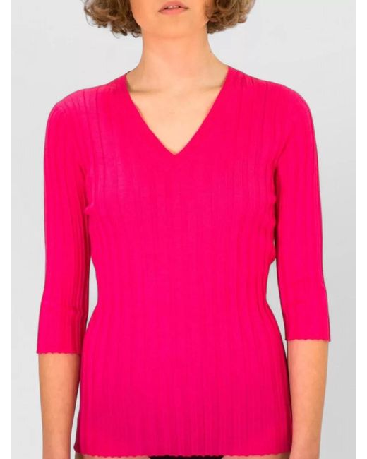 LA ROSE Pink V Neck Cashmere Silk Knitwear Top