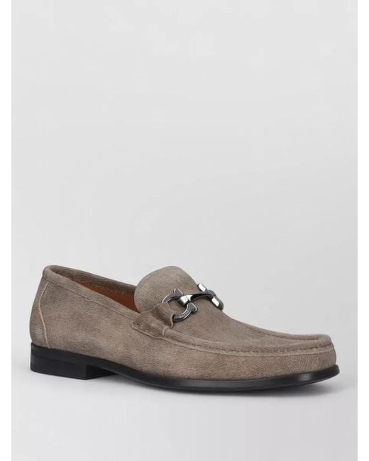 Ferragamo Gray Loafers Round Toe Suede Metallic Buckle for men