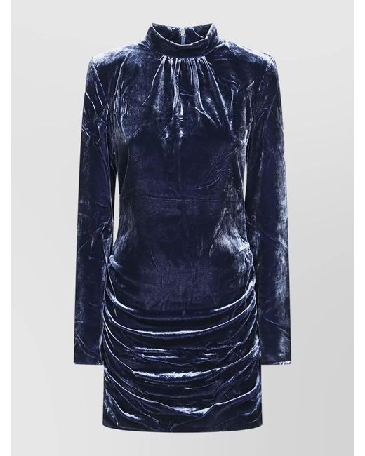 ROTATE BIRGER CHRISTENSEN Blue High Neck Long Sleeve Ruched Velvet Dress