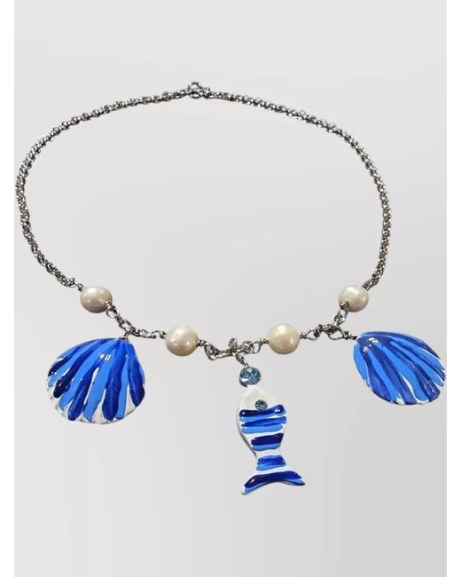 Marni Blue Chain Necklace Fish Charm Pearls Shells