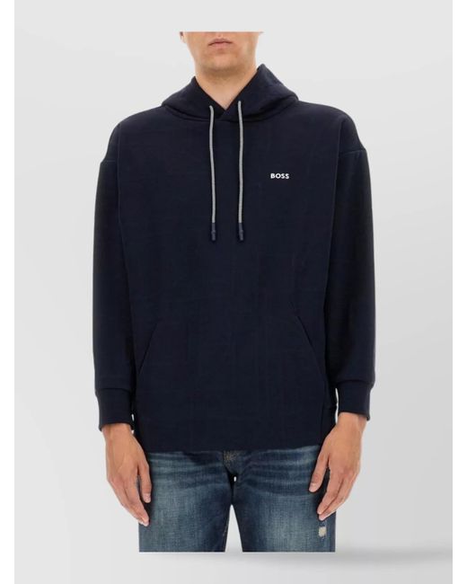 Boss Blue Logo Hooded Sweatshirt Kangaroo Pocket for men