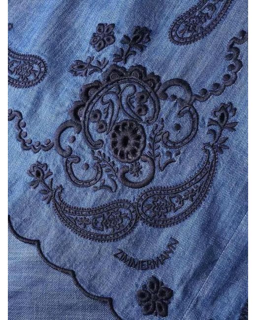Zimmermann Blue Denim Midi Dress Paisley Embroidery Neckline